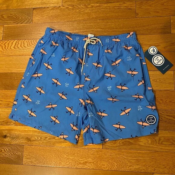 LIFE IS GOOD Jake Surfer Lined Swim Trunks L UPF 50+ Watertown Shorts Blue NWT